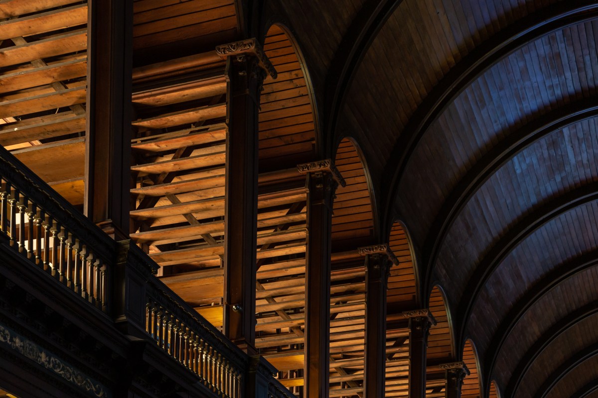 Image of empty shelves and wooden panelled ceiling in the Long Room
