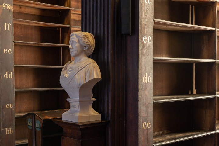 A statue of a woman alongside empty shelves in the Long Room