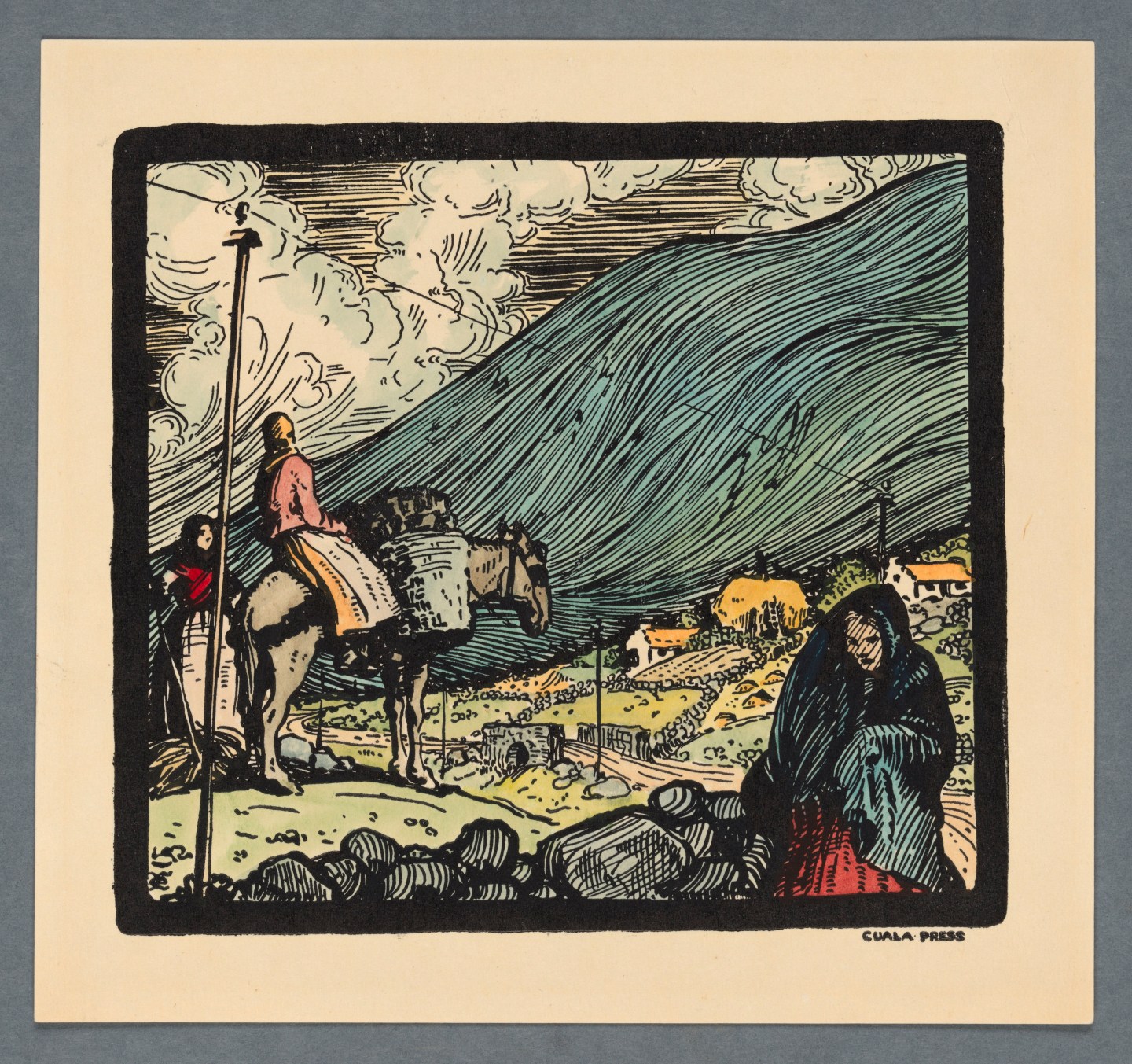 Illustration of a man on a horse on the way into a village, a woman beside him, and a woman with a cloak over her head