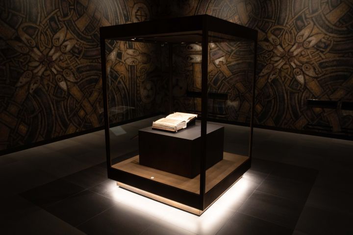 The Book of Kells on display in The Book of Kells Experience at Trinity College Dublin.