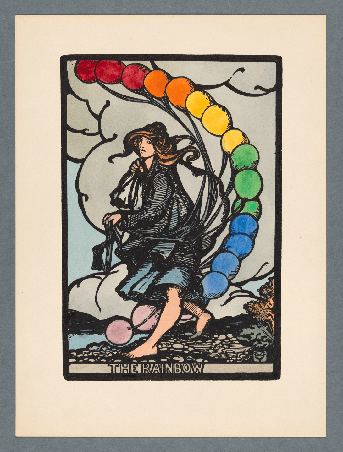 Illustration of a woman walking with a chain of beads in the colours of the rainbow