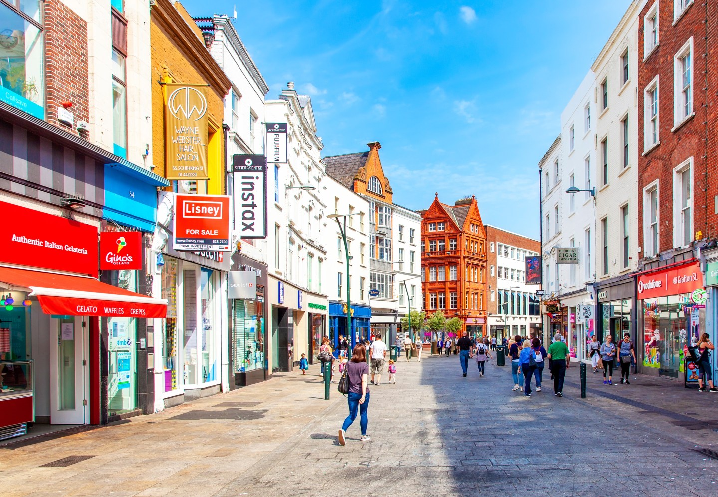 Photo of people walking along Grafton Street on a sunny day