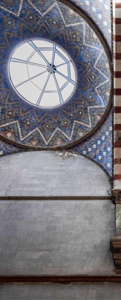 Image of domed ceiling with mosaic tiles in the Trinity Museum building