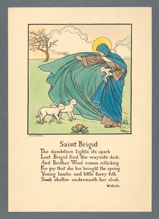 Photoengraved print of a woman wearing a blue cloak, guiding two white lambs and one lamb in her arms.